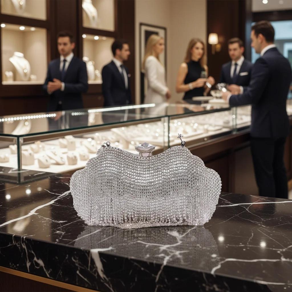 Value Gifts Women’s Grey Suit Rhinestone Silver Clutch Bag