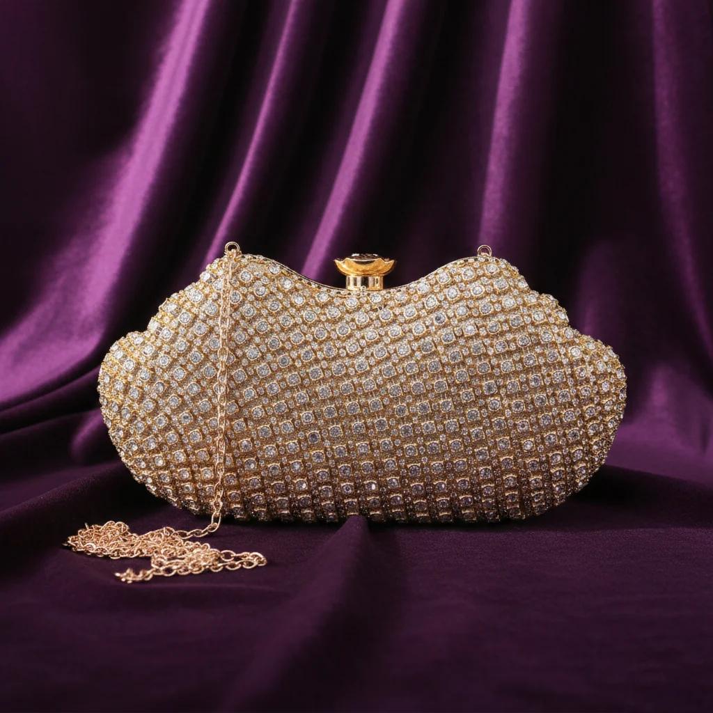 Value Gifts Women’s Pinkish Brown Glittery Gold Corded Push Lock Clutch