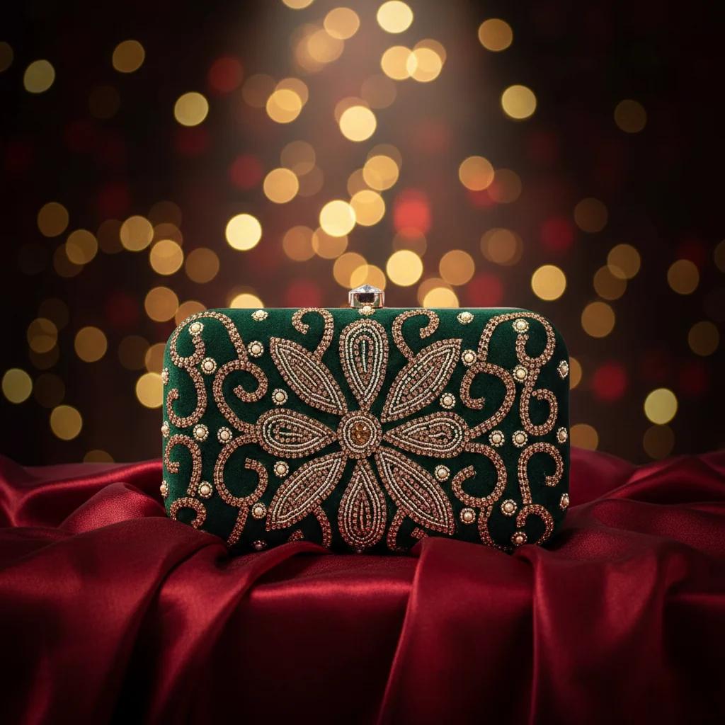 VPH Gift Store Phthalo Green Wedding Clutch Bag with Gold Embroidery for Women
