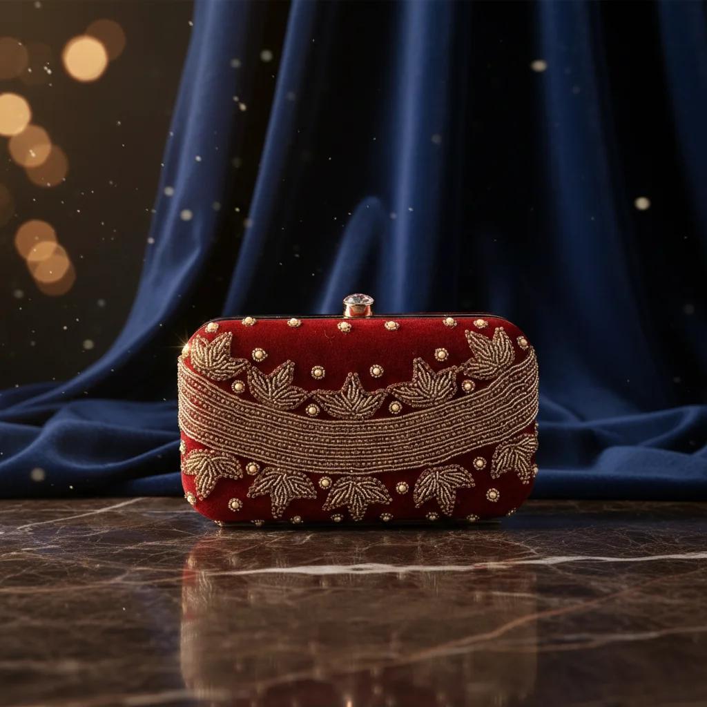 VPH Gift Store Dark Burgundy Wedding Clutch Bag with Gold Embroidery for Women