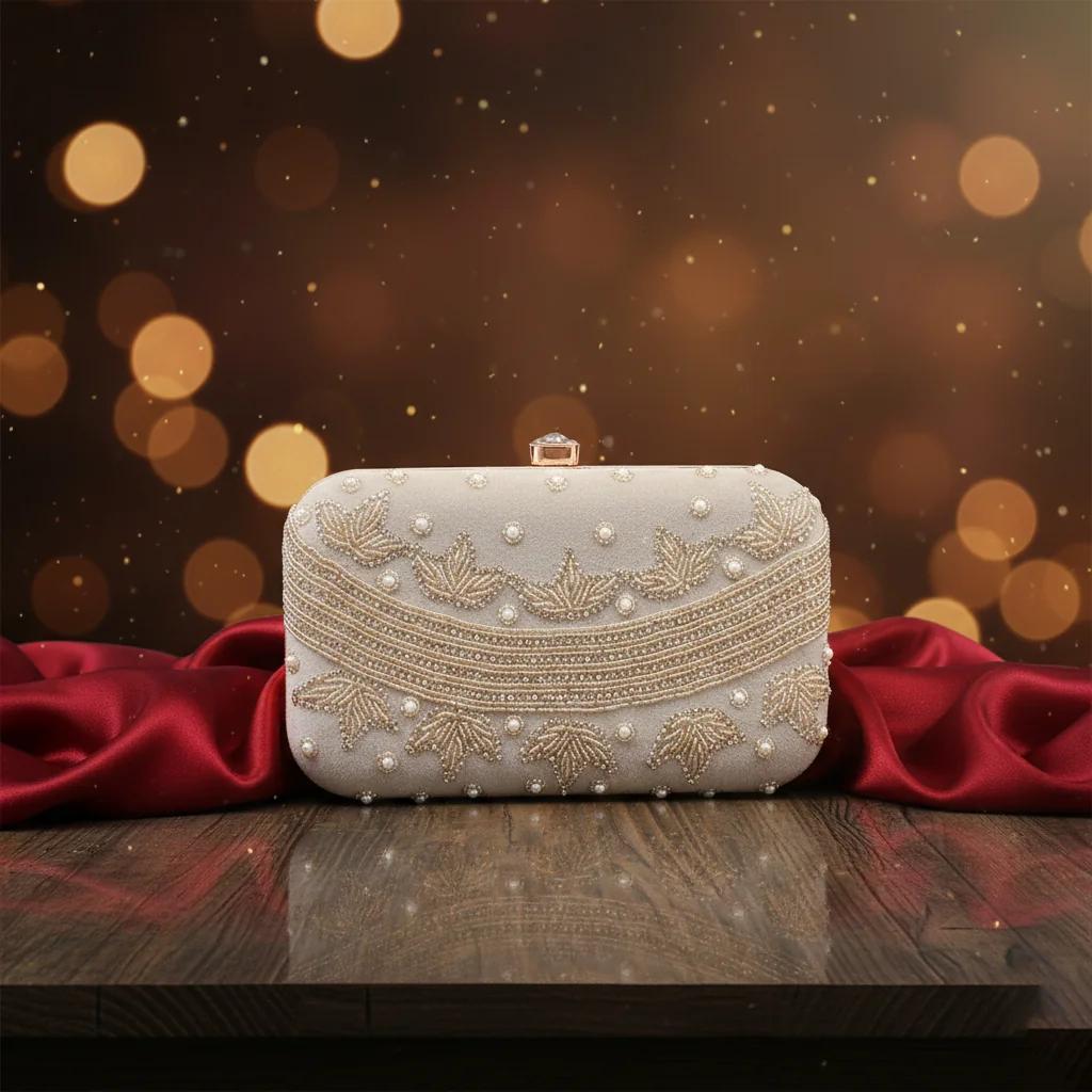 VPH Gift Store Silk Wedding Clutch Bag with Gold Embroidery for Women