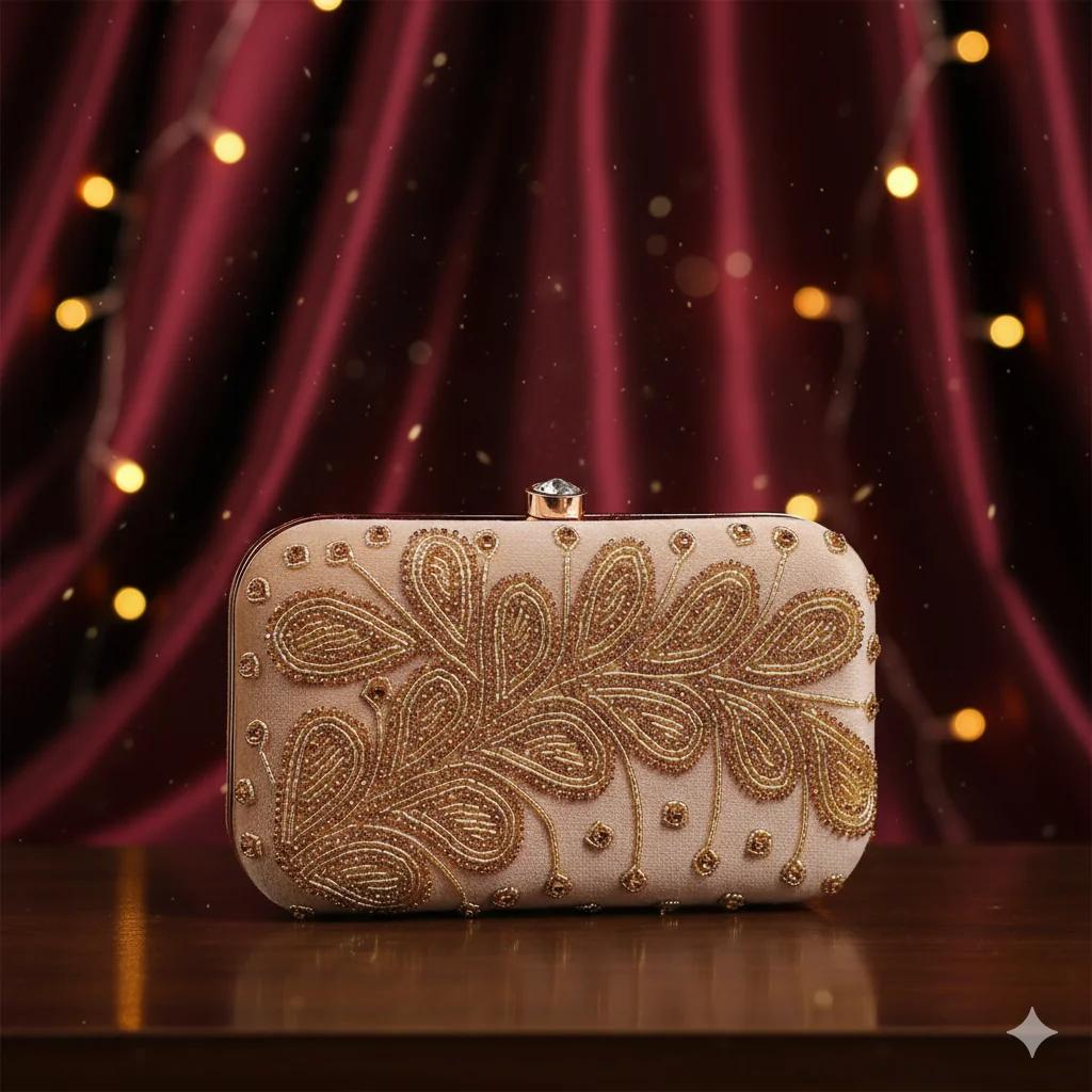 VPH Gift Store Pale Taupe Wedding Clutch Bag with Gold Embroidery for Women