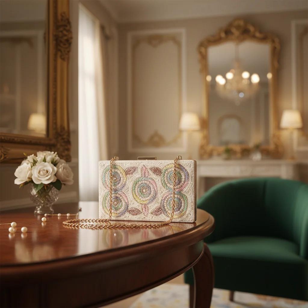 VPH Gift Store Pale Silver Gold Embellished Clutch Purse for Women