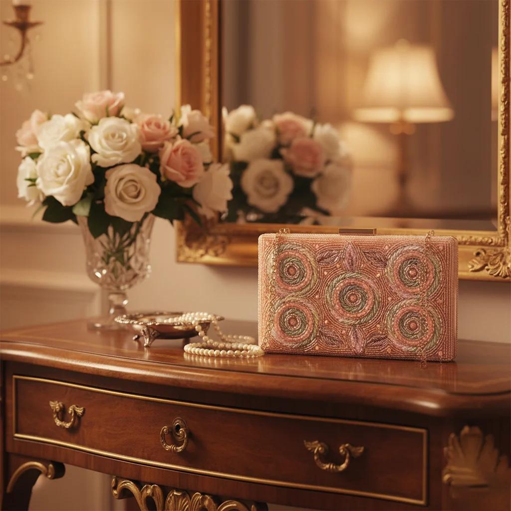 VPH Gift Store Pinkish Brown Gold Embellished Clutch Purse for Women