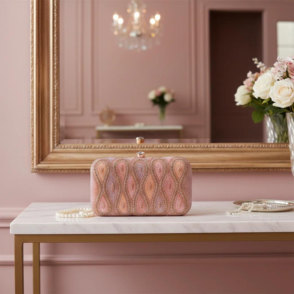 VPH Gift Store Greyish Pink Gold Embellished Clutch Purse for Women