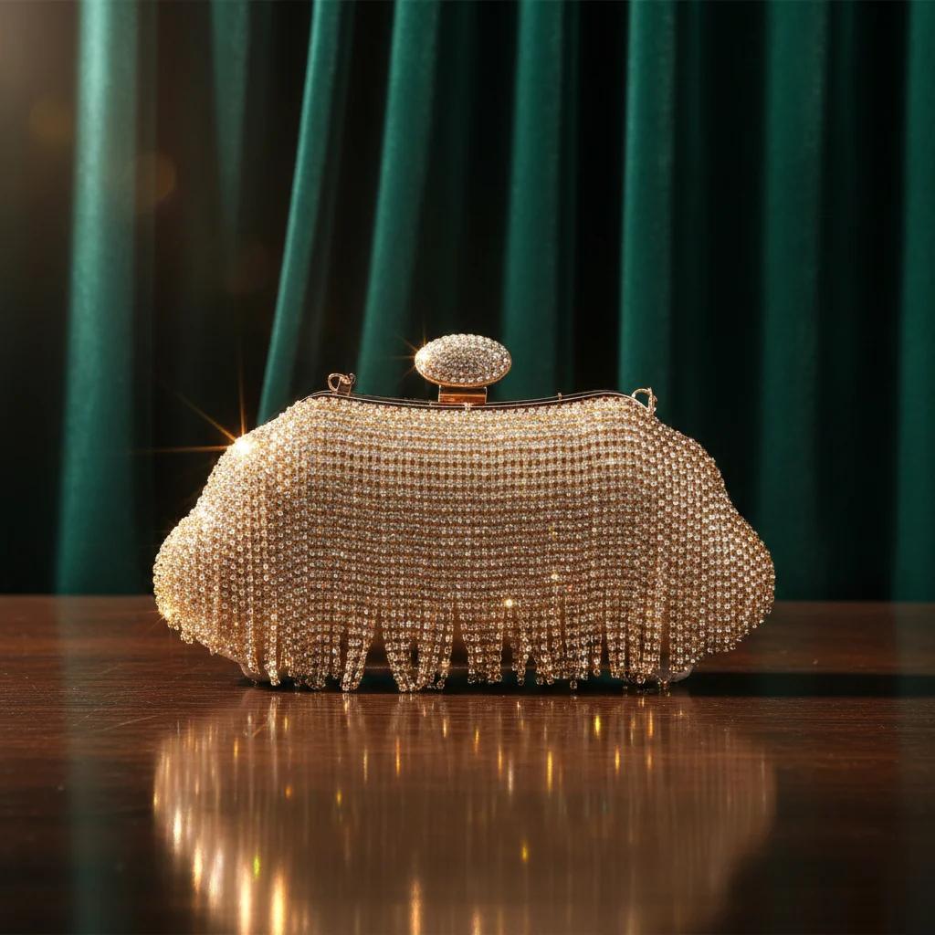 VPH Gift Store Antique Brass Gold Crystal Tassel Clutch Purse for Women