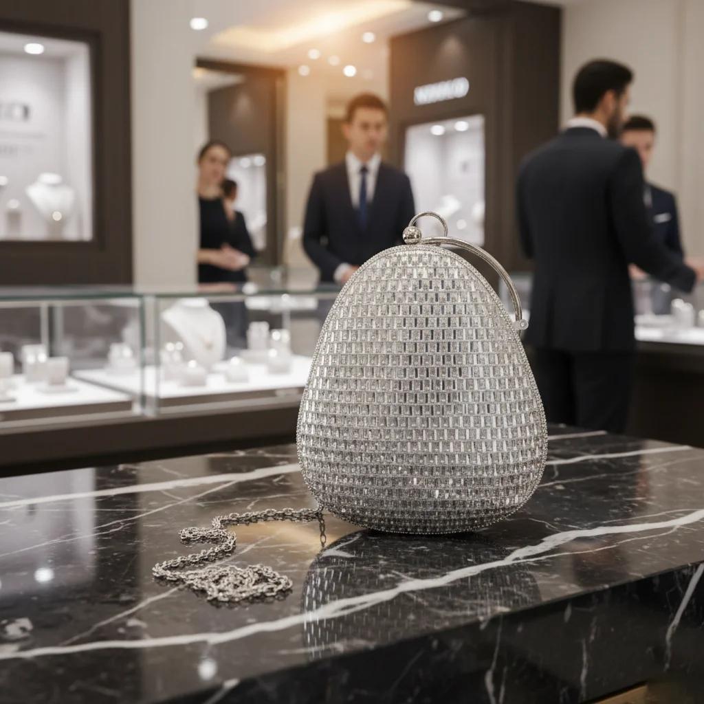 VPH Gift Store Elegant Pastel Grey Silver Rhinestone Round Handle Clutch