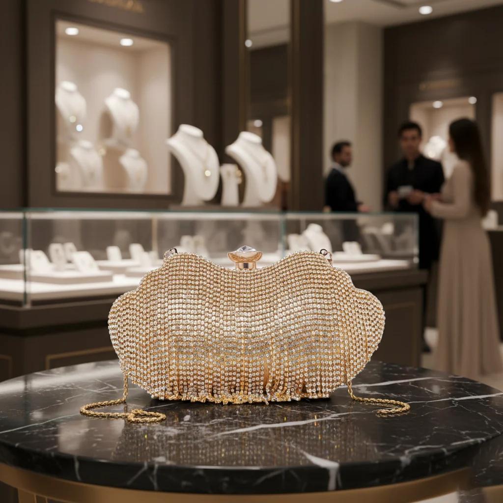 VPH Gift Store Tan Gold Rhinestone Clutch Purse for Women