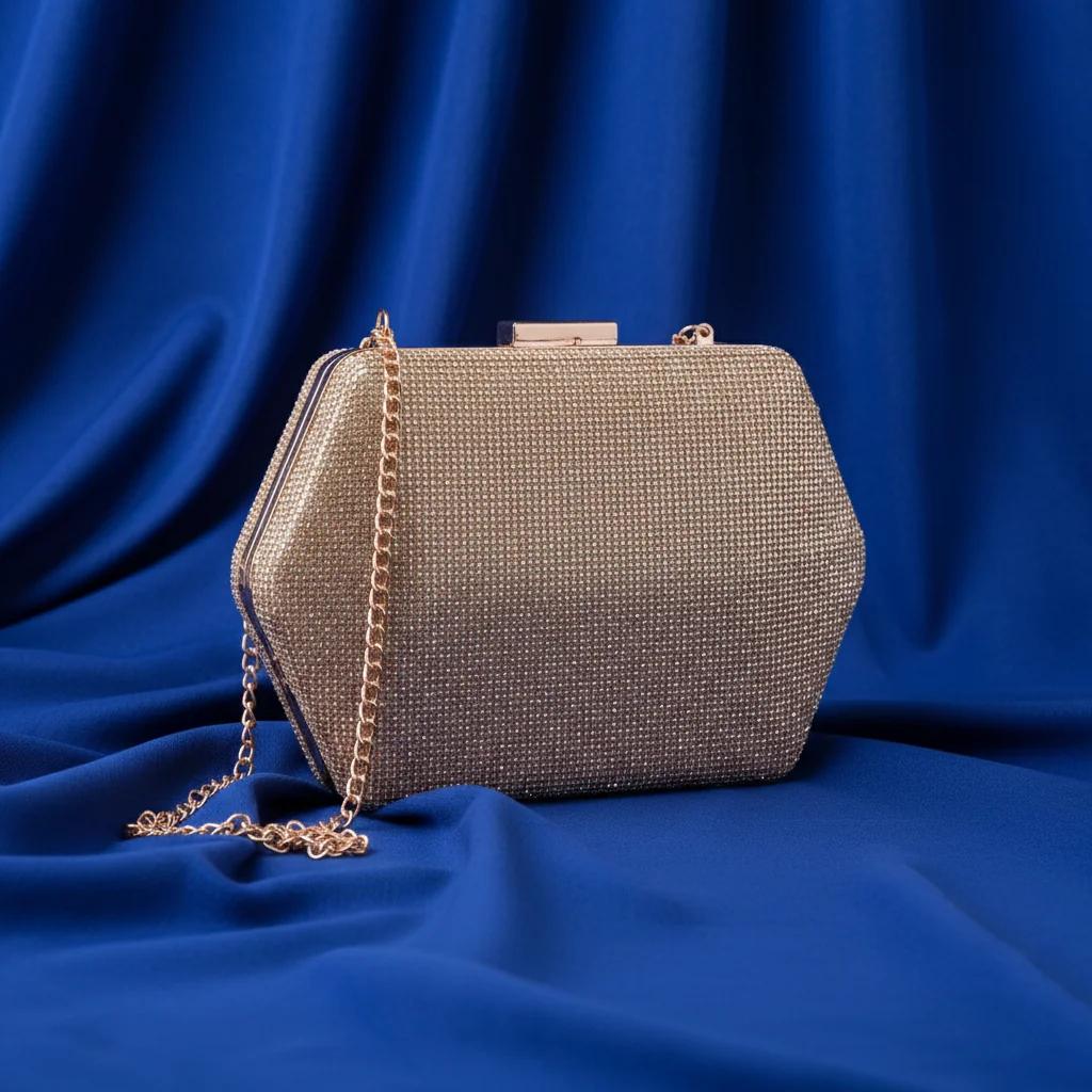 VPH Gift Store Pale Taupe Glittery Gold Corded Push Lock Clutch Bag for Women