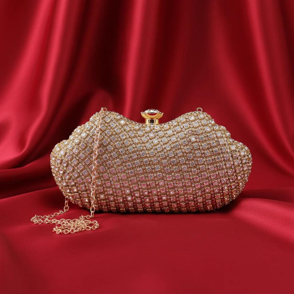 VPH Gift Store Stylish Pinkish Brown Glitter Gold Corded Clutch Bag