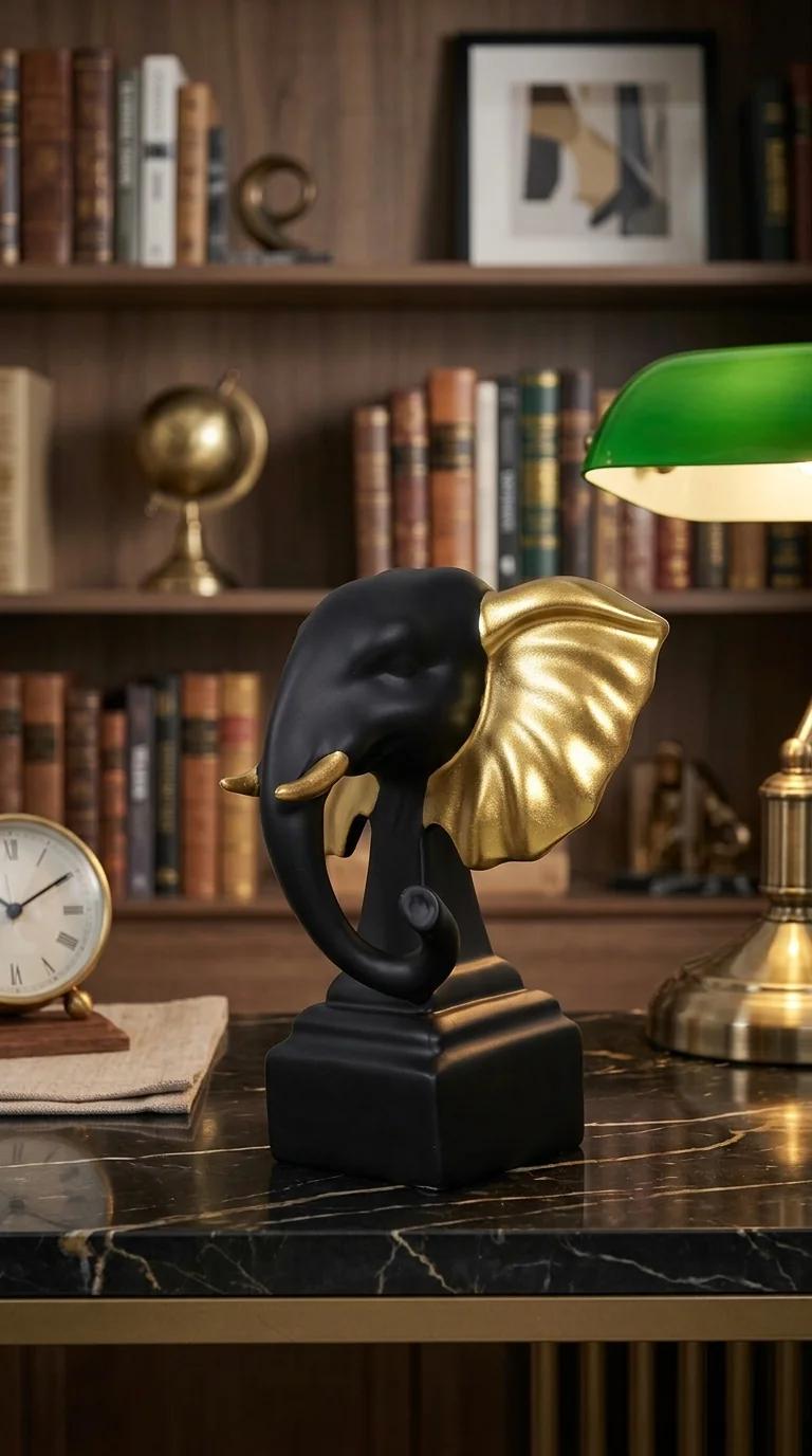 Value Gifts Elegant Black and Gold Elephant Head Ornament for Gifting