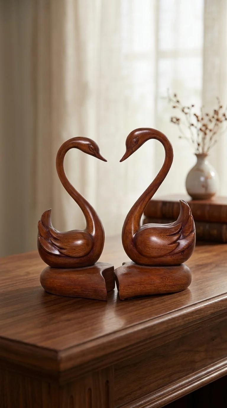 Value Gifts Elegant Wooden Swan Pair Figurine for Desk or Living Room