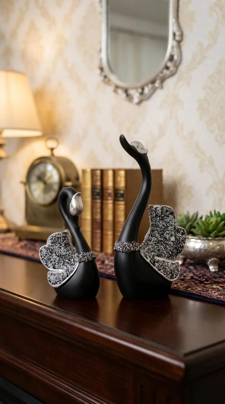 Value Gifts Black and Silver Swan Pair Figurine Decorative Ornament for Home and Office