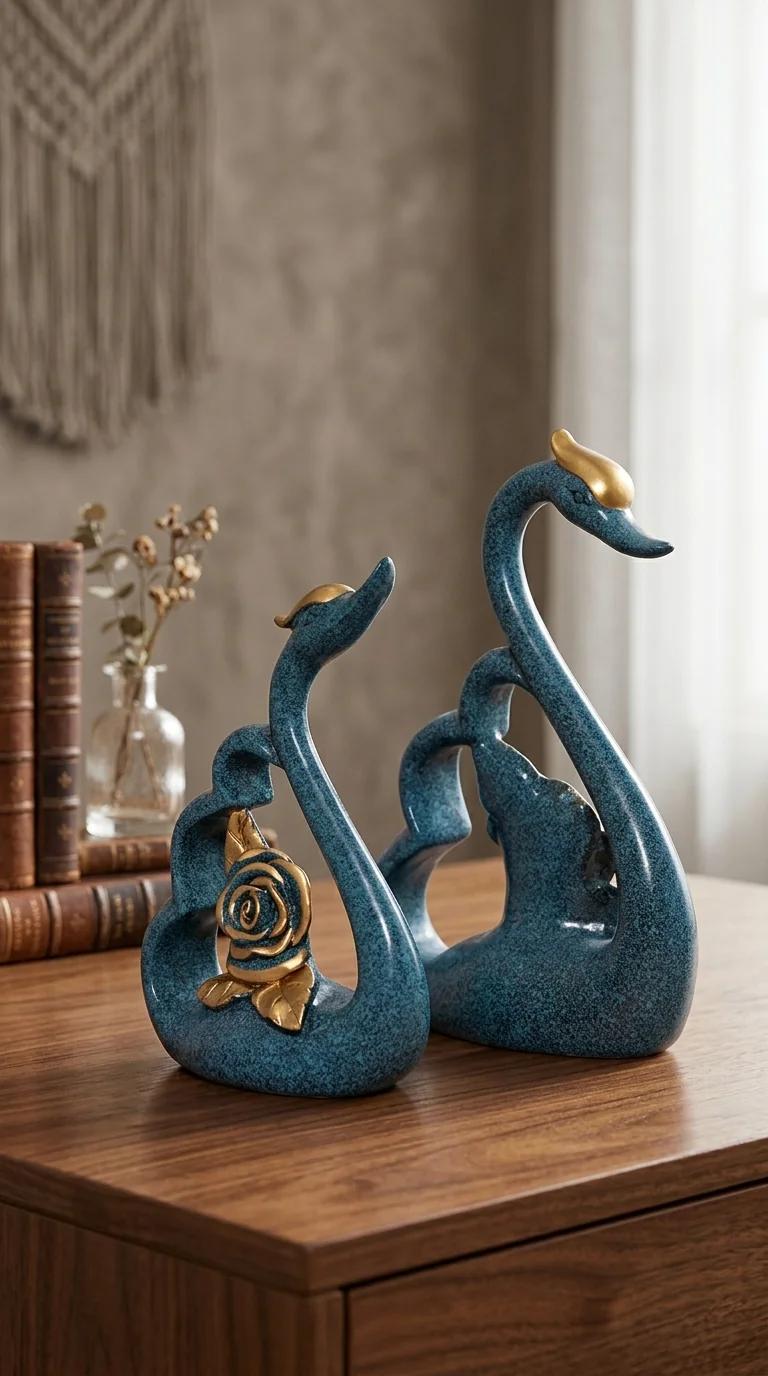 Value Gifts Elegant Swan Pair Blue and Gold Figurine for Living Room Decor
