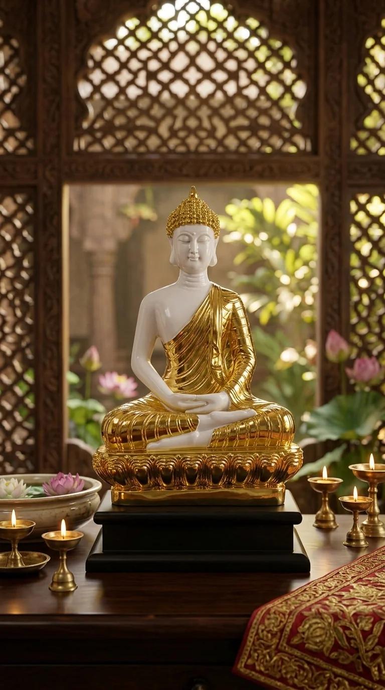 MH Decors Handcrafted Gautam Buddha White Gold Statue for Home and Office Decoration