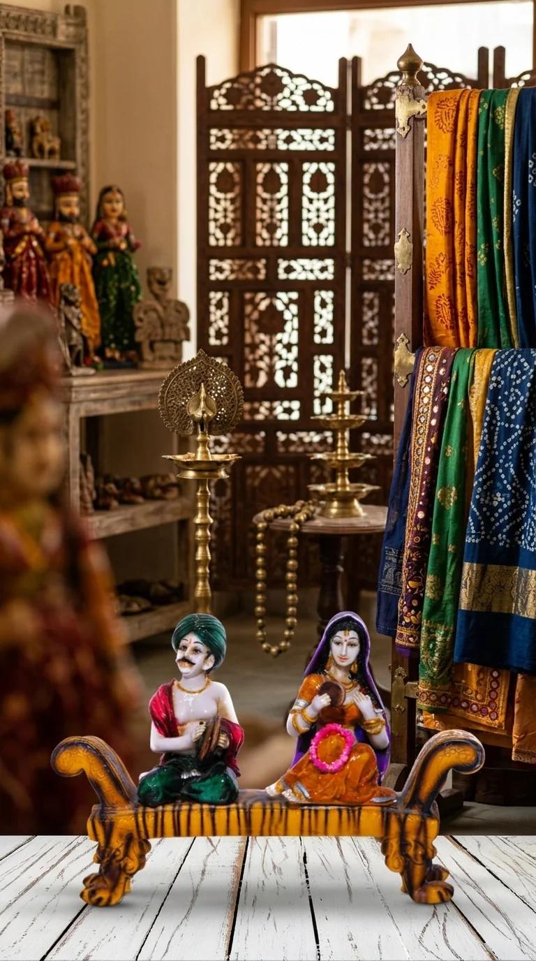 MH Decors Elegant Rajasthani Musical Couple Sitting on Cot Figurine for Home Decor