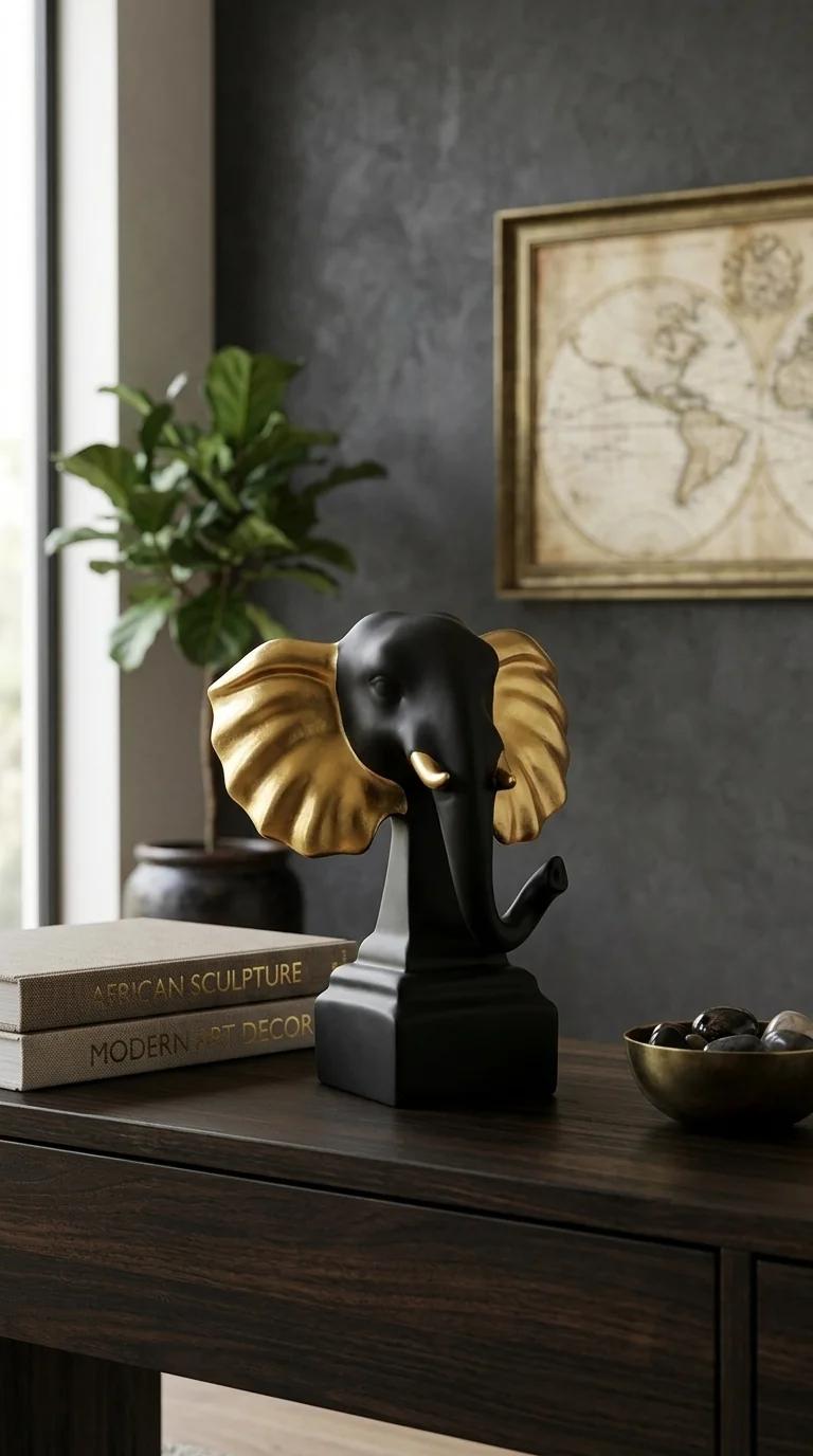 MH Decors Premium Elephant Head Figurine with Black Gold Ears for Home and Gift