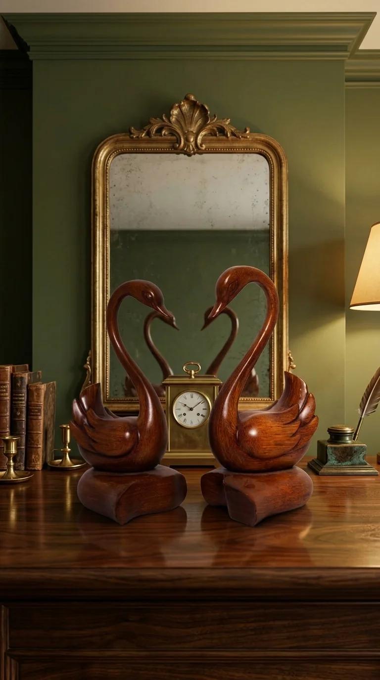 MH Decors Elegant Wooden Swan Pair Showpiece for Tabletop and Living Room Decor