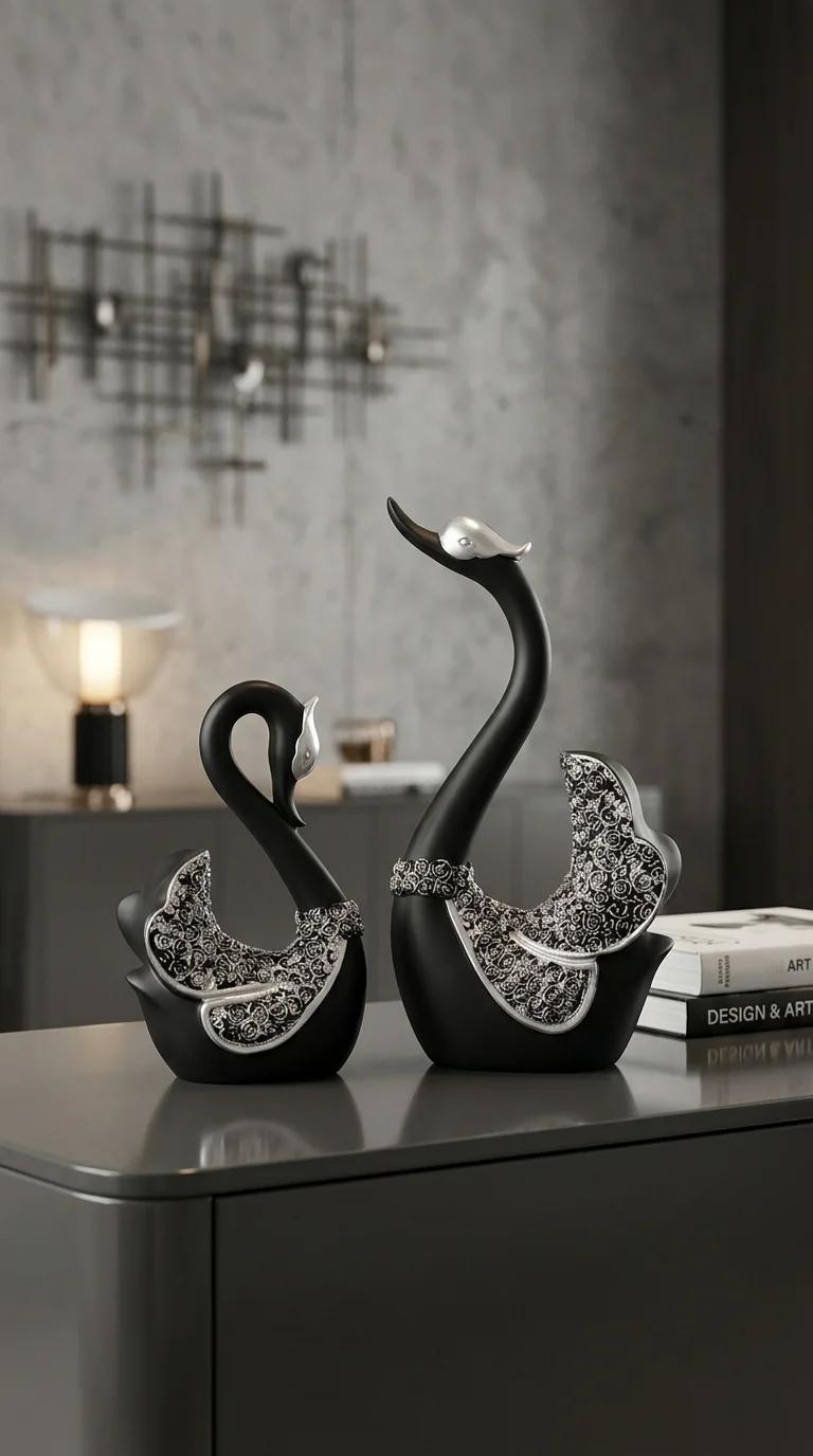 MH Decors Premium Swan Pair Black Silver Showpiece for Home Living Room and Office Decor