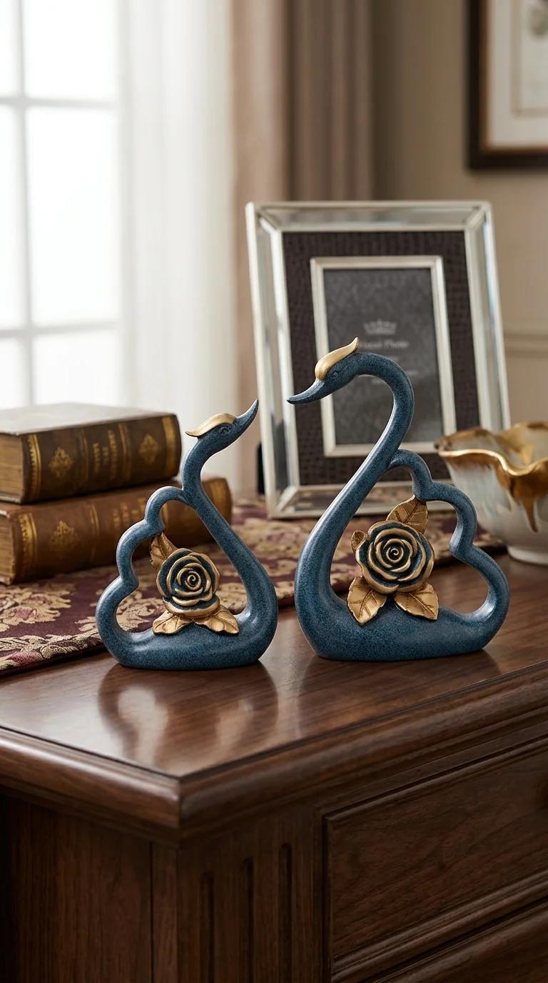MH Decors Elegant Blue and Gold Swan Pair Figurine for Home and Office Decoration