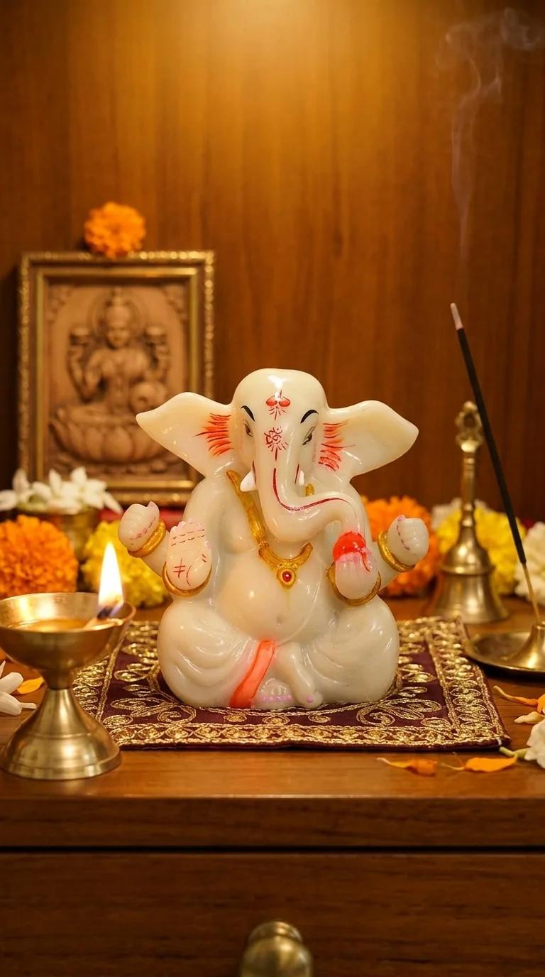 Value Gifts White Marble Lord Ganesha Idol for Car, Office & Home Decor