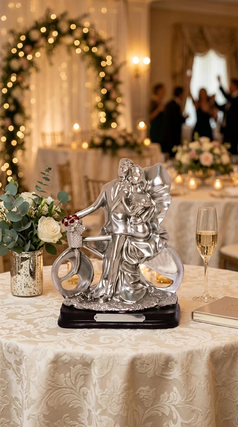 Value Gifts Elegant Silver Love Couple Figurine on Bicycle for Home Decoration