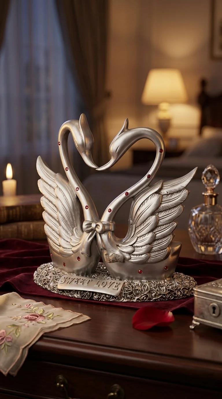 Value Gifts Modern Silver Plated Swan Pair Statue for Home and Office Tabletop