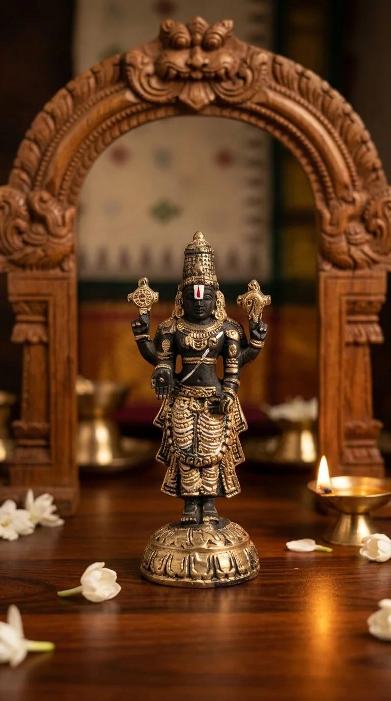 MH Decors Elegant Gold Finish Venkateswara Swamy Figurine for Home, Car, and Office
