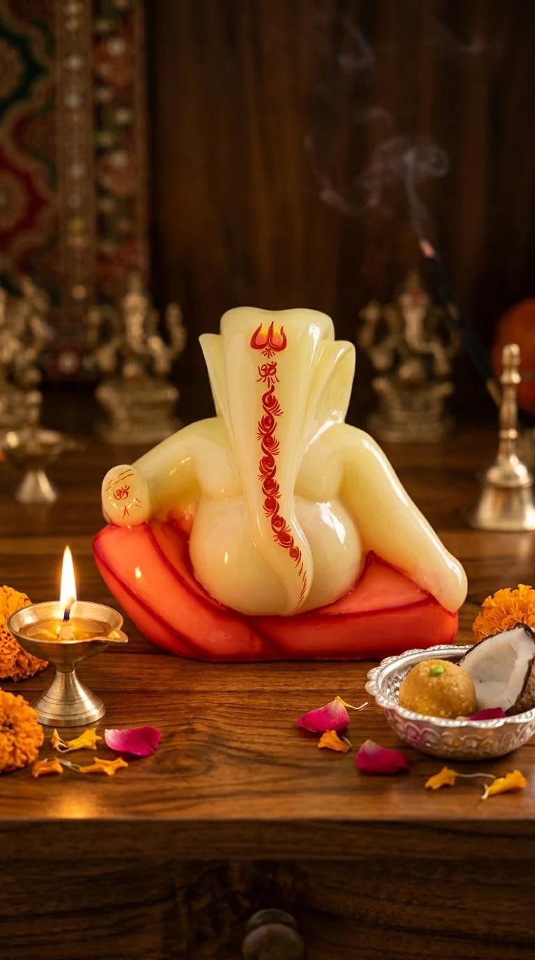 MH Decors Elegant Orange Colour Synthetic Marble Ganesha Figurine for Office and Home