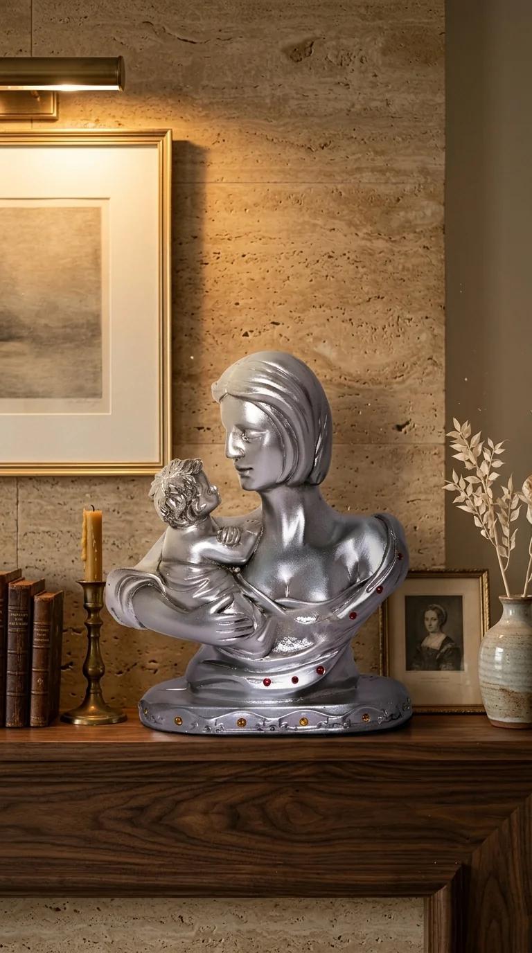MH Decors Elegant Silver Mother and Child Statue for Office, Home, and Gifting