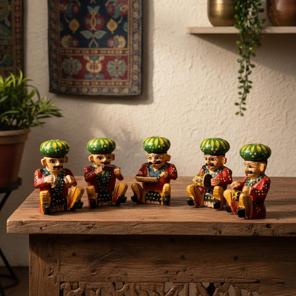 VPH Gift Store Kondapalli Wooden Rajasthani Musician Figurines Set of 6 Handcrafted Decor