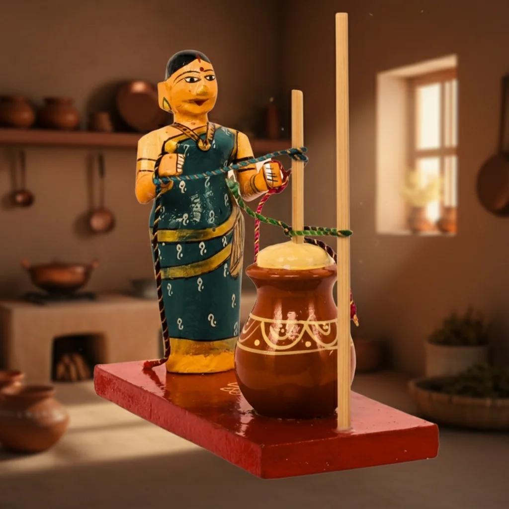 VPH Gift Store Wooden Kondapalli Village Lady Butter Making Handcrafted Home Decoration