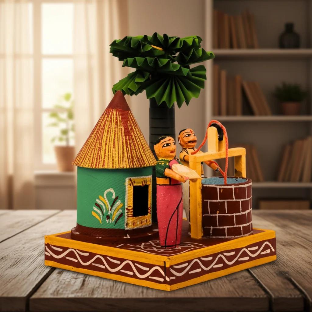 VPH Gift Store Kondapalli Wooden Village Hut with Well Handcrafted Traditional Home Decor