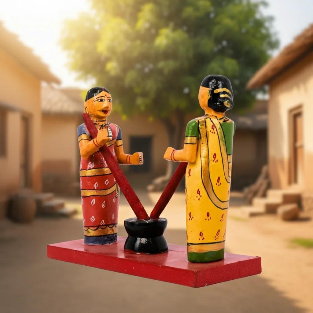 VPH Gift Store Kondapalli Wooden Rice Pounding Women Handcrafted Traditional Showpiece