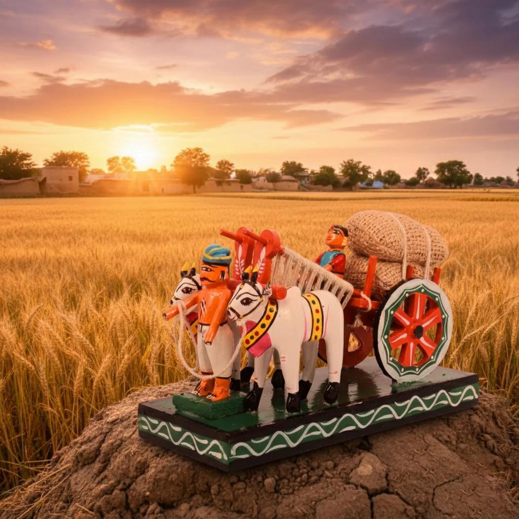 VPH Gift Store Kondapalli Wooden Small Bullock Cart Handcrafted Multi Colour for Home Interior