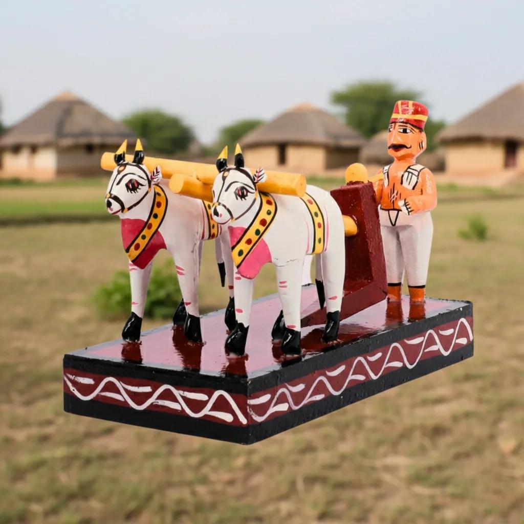 VPH Gift Store Kondapalli Wooden Farming Scene Toy with Bulls Handcrafted Home Decor