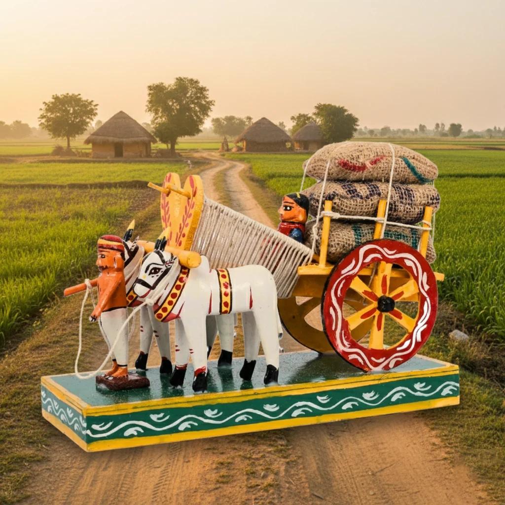 VPH Gift Store Kondapalli Wooden Farmer Couple with Bullock Cart Multi Colour Decorative Figurine