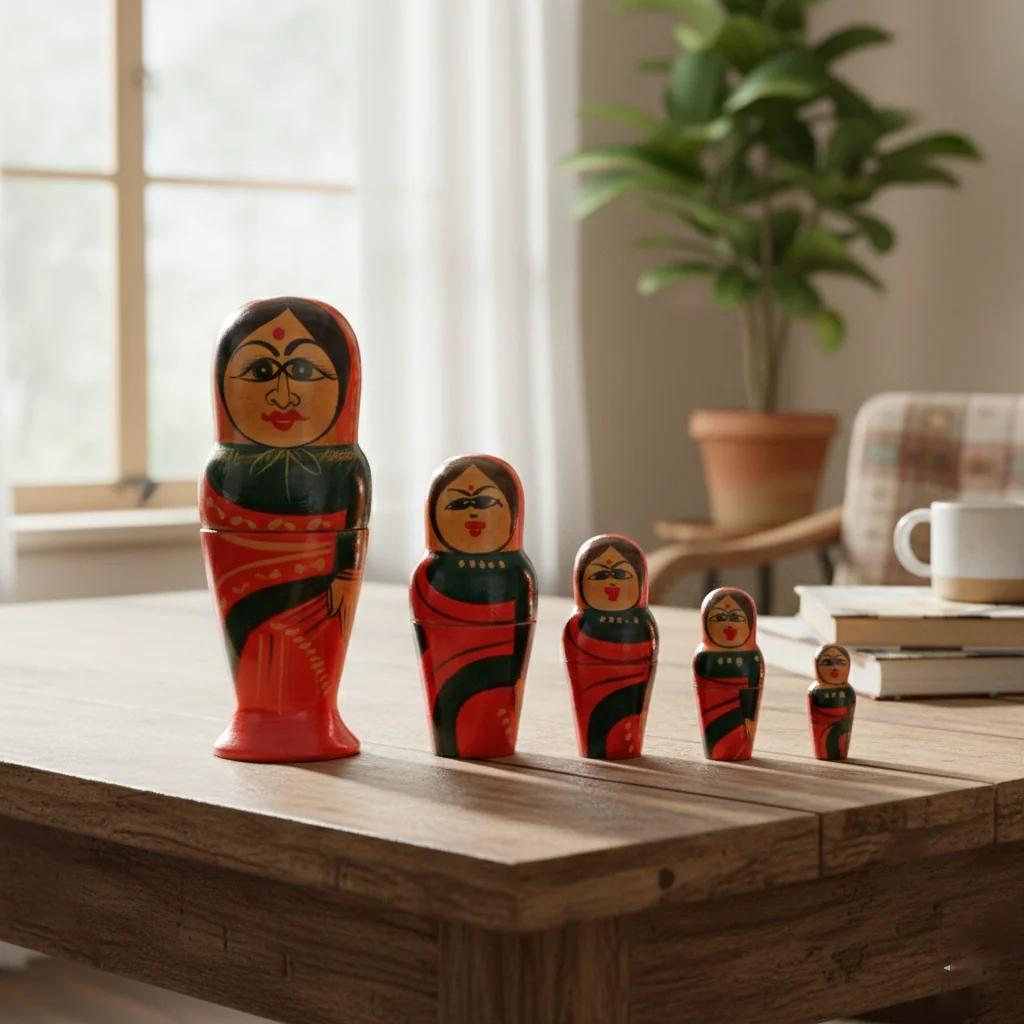 VPH Gift Store Kondapalli Wooden Hand Painted Women Nesting Dolls Set of 5 Decorative Figurines