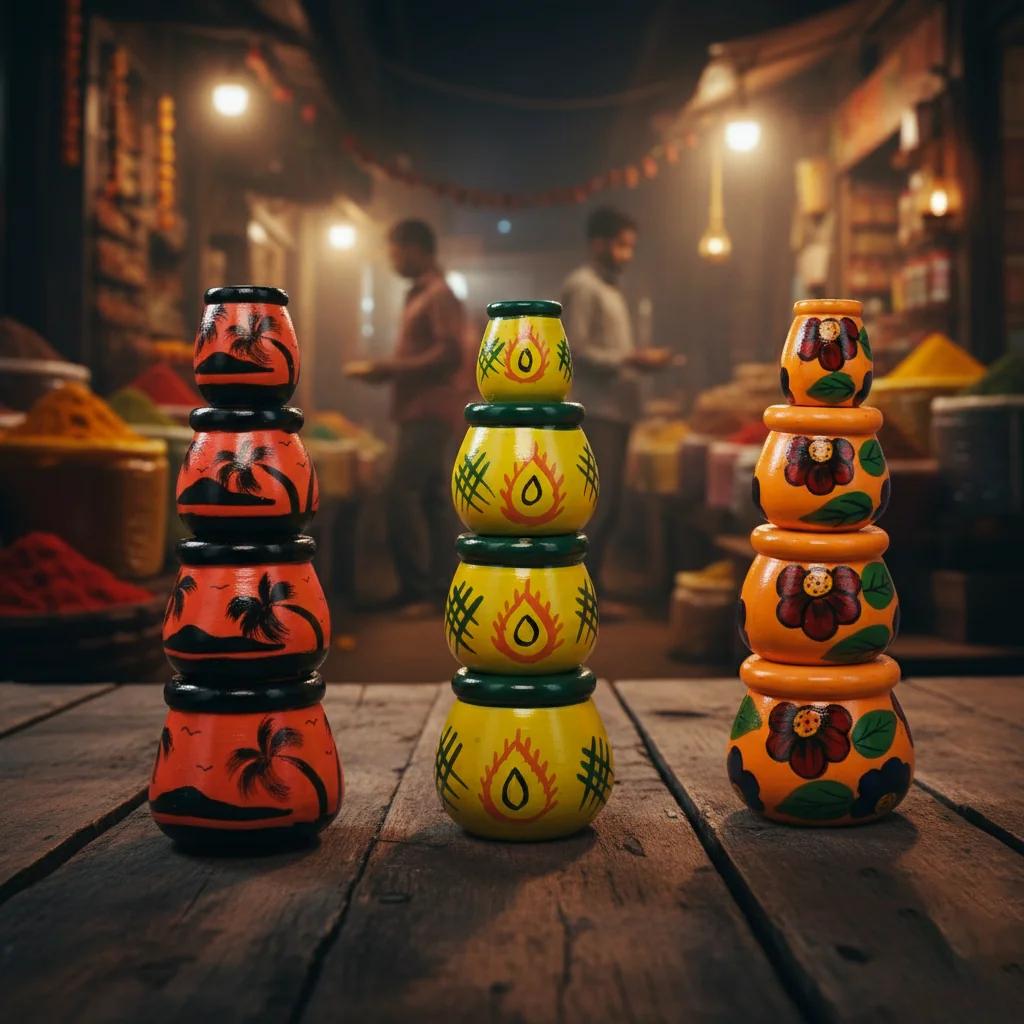 VPH Gift Store Kondapalli Wooden Yellow Matki Set of 4 Handcrafted Decorative Figurines