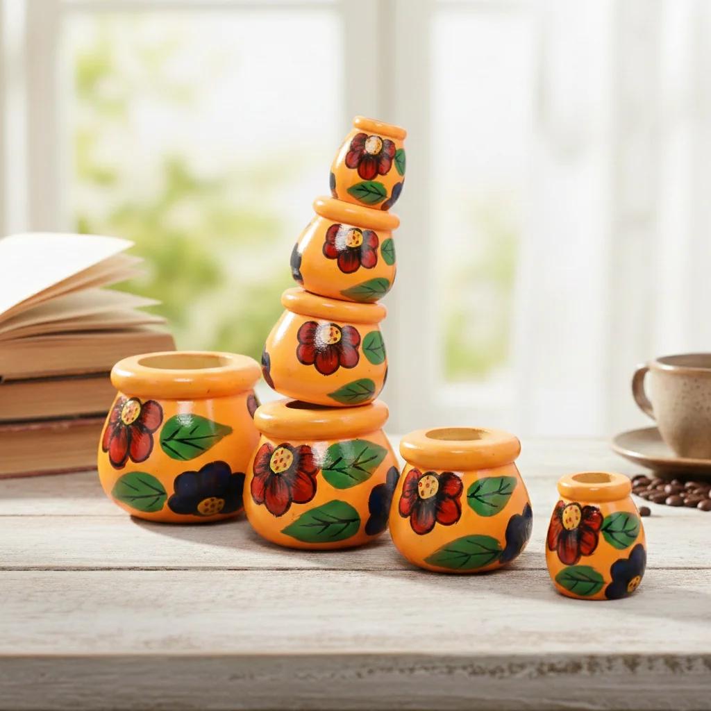 VPH Gift Store Handmade Kondapalli Wooden Matki Set of 4 Orange Home Decoration