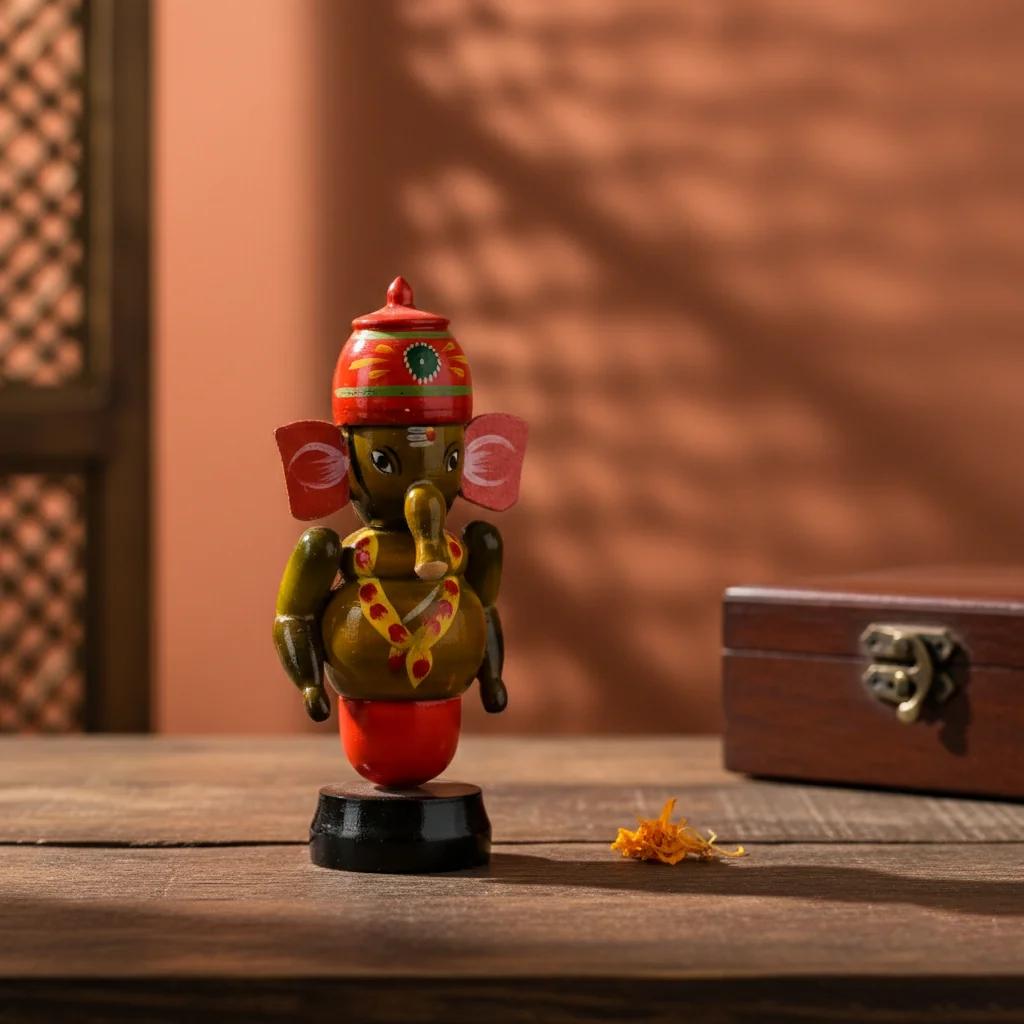 VPH Gift Store Wooden Ganesha Idol Kondapalli Handmade for Car Dashboard and Home Display