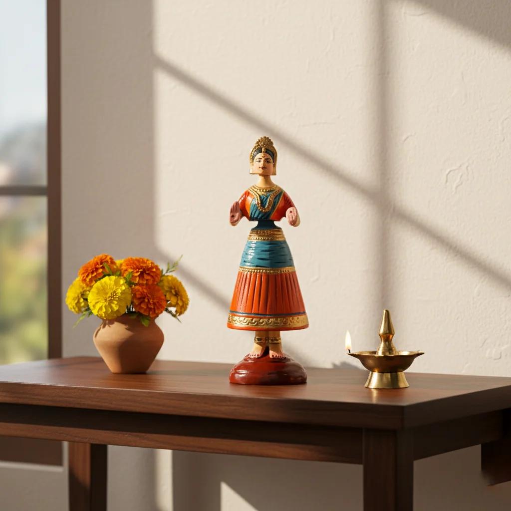 MH Decors Handmade Kondapalli Wooden Tanjore Dancing Doll Decorative Showpiece Blue Red