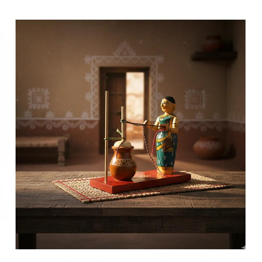MH Decors Handmade Kondapalli Wooden Traditional Butter Making Lady Figurine for Living Room