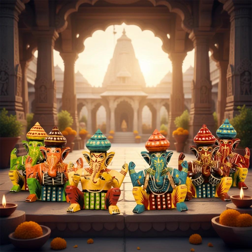 MH Decors Handcrafted Kondapalli Wooden Ganesha Musician Doll Set of 6 for Home Display