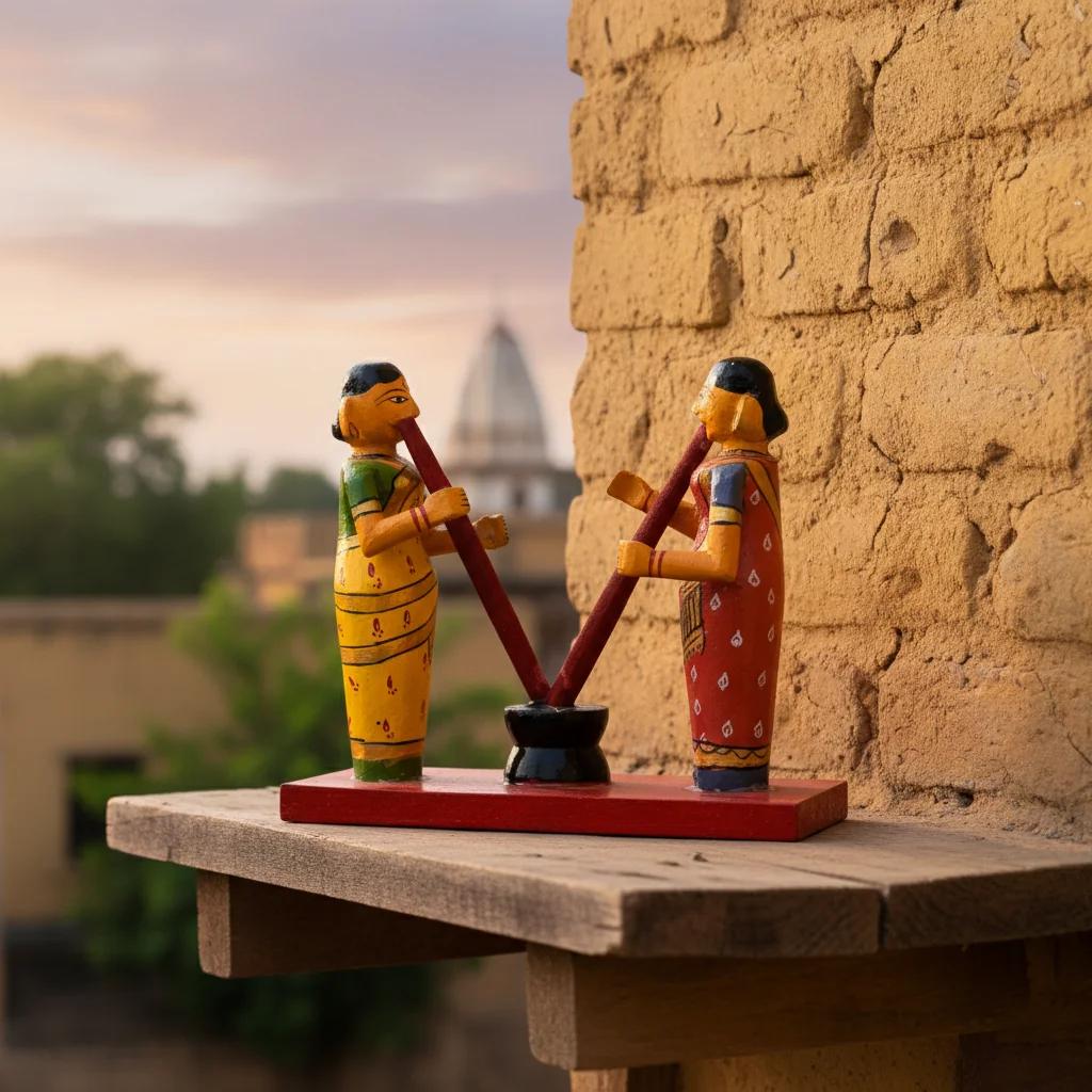 MH Decors Kondapalli Wooden Traditional Rice Pounding Women Handcrafted Decorative Set