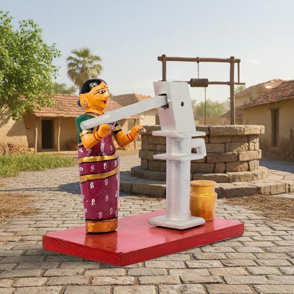 MH Decors Wooden Village Women with Hand Pump Kondapalli Handcrafted Decorative Figurine