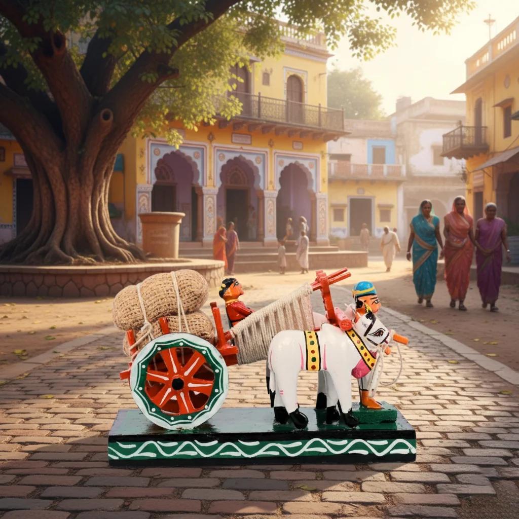 MH Decors Kondapalli Wooden Small Bullock Cart Multi-Colour Handcrafted Showpiece