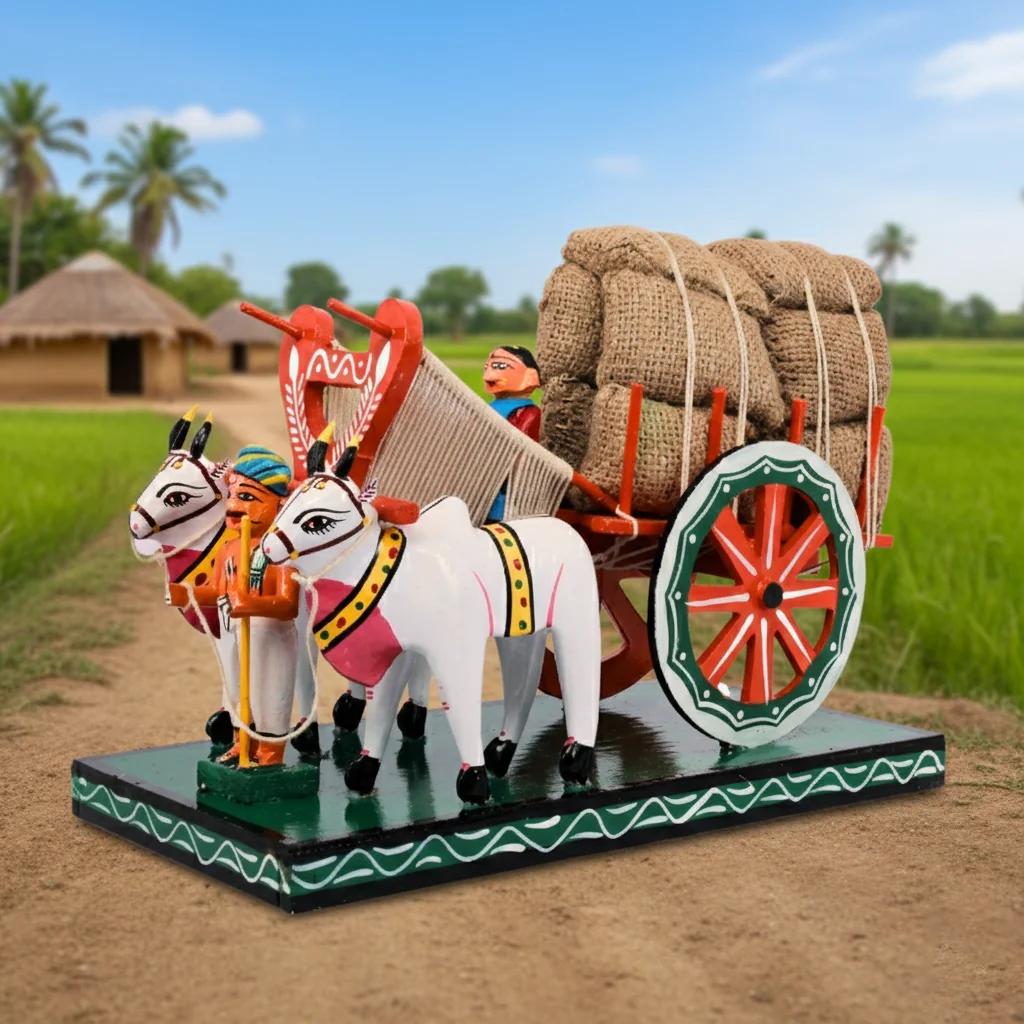 MH Decors Kondapalli Wooden Medium Bullock Cart Multi-Colour Handcrafted Decorative Piece