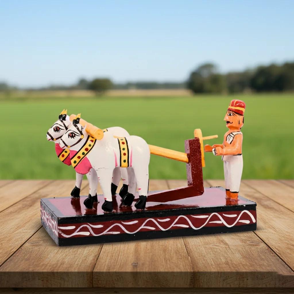 MH Decors Kondapalli Wooden Farmer with Bulls Toy Handcrafted for Home Interiors