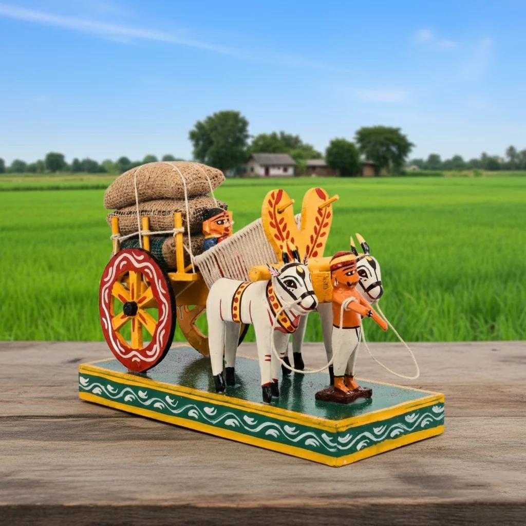 MH Decors Wooden Bullock Cart with Farmer Couple Kondapalli Multi-Colour Decorative Figurine